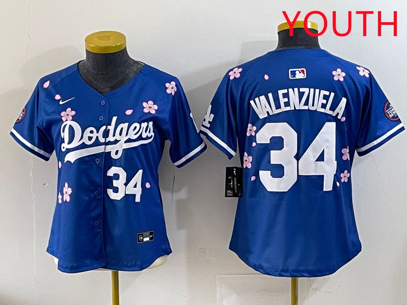 Youth Los Angeles Dodgers #34 Valenzuela Blue Sakura Edition 2025 Nike MLB Jersey style 33->women mlb jersey->Women Jersey